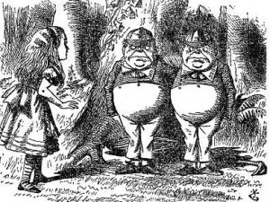 John Tenniel's 1871 illustration of Tweedledee and Tweedledum